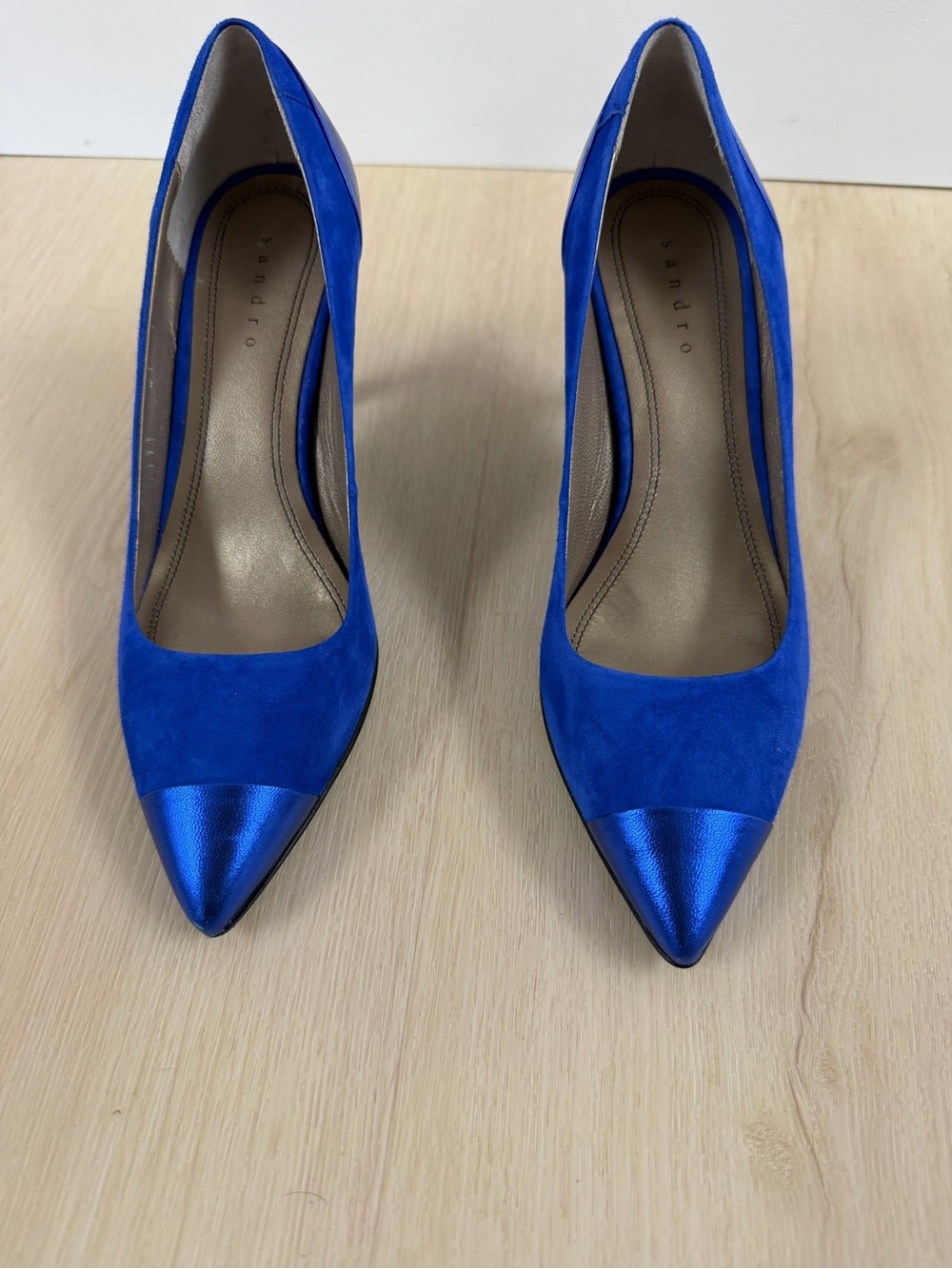 Sandro Cobalt Blue Suede Pointed Cap Toe Kitten Heels - Size 36